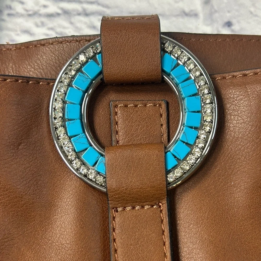 Coastal Cowgirl Brown and Tan Fringe Shoulder Bag w/Turquoise &Rhinestone Bling.